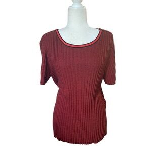 St. John Red Ribbed Short Sleeve Wool Cashmere Blend Blouse